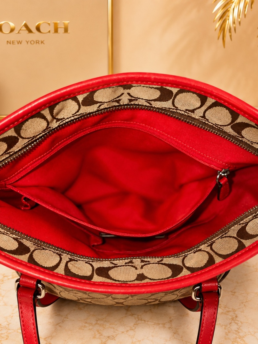 COACH Signature Jacquard Tote Bag Red Leather Trim - Picture 4 of 12